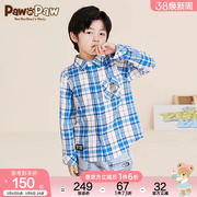 pawinpaw卡通小熊童装夏季款，男童学院风休闲格纹长袖衬衫