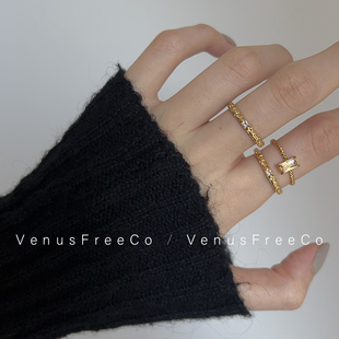 venusfreeco彩色宝石方钻18k镀金不褪色戒指环，叠戴细麻花复古简约