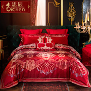 床上用品四件套欧式婚庆贡缎提花大红色喜庆被套结婚六件套十件套