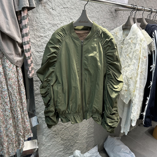 duoduo春装圆领纯色，荷叶边军绿色，风衣外套拉链开衫1911