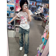 小众甜酷HelloKitty白色正肩短袖t恤女夏修身显瘦多巴胺穿搭上衣