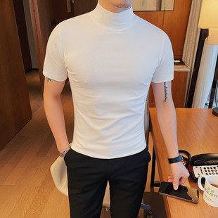 夏季韩版修身男士半高领，短袖t恤型男紧身弹力时尚纯色圆领打底衫