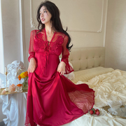 红色睡裙性感网纱V领女士式礼服夏季真丝绸新娘结婚连衣裙长