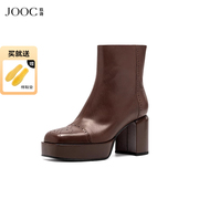 JOOC玖诗美拉德时装靴23冬季胎牛皮粗跟短靴布洛克风女鞋7089