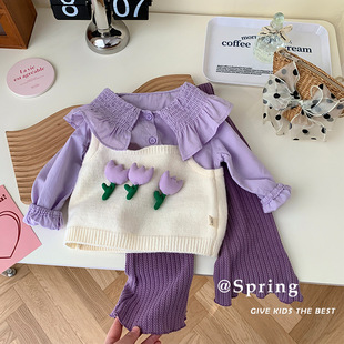 韩版女童针织吊带衫春季女宝宝花朵上衣，撞色毛衣马甲衬衫套装