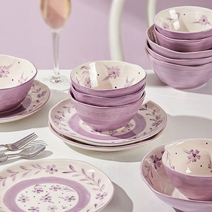 小清新碗碟套装家用高级感陶瓷餐具紫色高颜值乔迁碗盘子碗筷组合