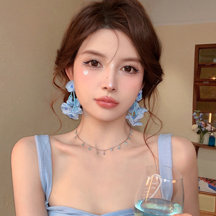 月芷花香~蓝色雪纺花朵，耳环女小众设计感春夏耳钉气质独特耳饰品