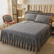纯色夹棉床裙式床罩单件，1.5米1.8x2.0加厚床单，三件套荷叶花边床套