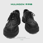 木林森男士休闲鞋冬季潮流板鞋工装厚底2023英伦黑色时尚皮鞋