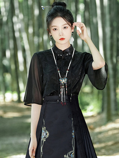 马面裙上衣夏天日常可穿新中式改良黑色提花中袖衬衫女装2024