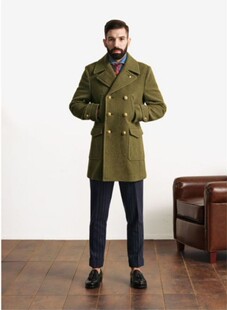 欧美古潮军绿色男装外套纽扣设计中长款翻领英伦个性秋冬呢大衣男