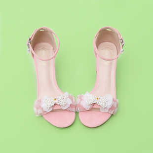 粉色粗跟夏季女凉鞋，一字式腕带水晶珍珠，雪纺蝴蝶结甜美学生高跟鞋