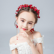 女童头饰耳环套装红色儿童花朵小孩韩式花朵发箍花童演出饰品