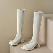 欧美白色女靴子米白色高筒靴侧拉链粗跟马靴骑士靴大码40—43