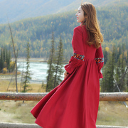 复古民族风长袖印花中长款红色连衣裙气质衣服，秋冬装女qz0565