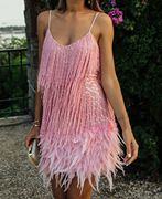 欧美时尚流苏亮片羽毛拼接礼服粉色吊带连衣裙Pink tassel dress