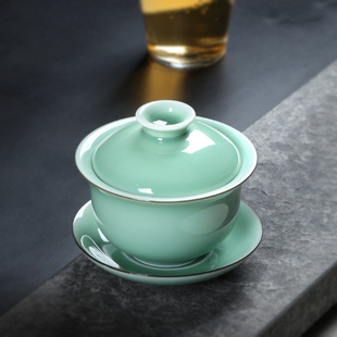 青瓷盖碗单个功夫茶碗带盖三才，茶杯龙泉陶瓷家用纯手工泡茶具套装
