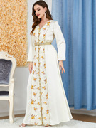 沙特时尚印花女装阿拉伯服饰v领跨境长袖欧美连衣裙长袍礼服
