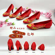 新娘婚鞋女款绣花鞋古风，中式结婚秀禾鞋粗跟红色，高跟鞋刺绣龙凤鞋