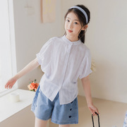 夏季薄款韩版儿童装女童纯棉衬衫中大童女孩蝙蝠袖圆领短袖上衣