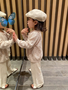 YUSONG2024春夏女儿童装镂空米白色防晒衫针织室内空调开衫
