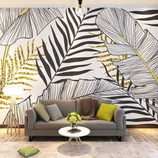 北欧现代简约墙纸黑白风格艺术深色金色叶子电视背景墙壁纸壁画