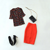 女大码夏季雪纺薄款红花，小衫+桔红包臀，铅笔半身裙套装