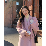 韩国高端温柔藕粉色西装领双排，扣宽松手工，双面羊绒大衣女毛呢外套