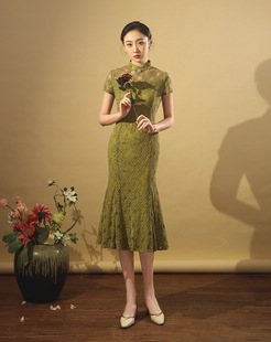 2023春夏新油果绿进口蕾丝旗袍国风女装中式减龄S-3XL连衣裙礼服
