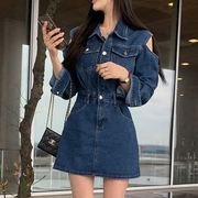 韩国女装secondesecon知性，优雅气质露肩牛仔连衣裙