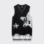 摇滚新星 WOODOO 设计师品牌 嘻哈复古项链星星印花 男女背心