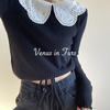 法式复古 可爱少女娃娃领短款显瘦抽绳系带长袖针织衫打底衫