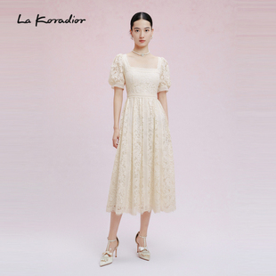 lakoradior拉珂蒂，2024年春夏纯色蕾丝绣花短袖，气质连衣裙女
