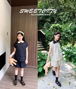 sweetcity独家原创23夏季新女童(新女童)日系风，纯色亚麻翻领娃娃上衣衬衫