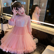 女童连衣裙2023秋装长袖，儿童公主裙亮片网纱裙，粉色小女孩洋气裙子