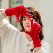 针织手套女冬季粗毛线保暖加厚时尚红色可触屏玩手机骑车户外防寒