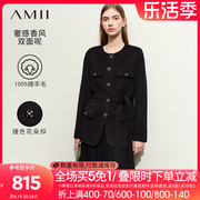 amii2023冬圆领撞色花朵，扣配腰带全羊毛双面呢女香风毛呢外套