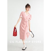 粉红色V领T恤连衣裙女2023夏季褶皱设计感休闲宽松中长裙子潮