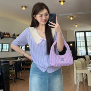 紫色t恤2024夏季200斤胖mm大码甜美娃娃领减龄显瘦宽松针织衫