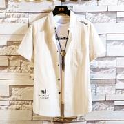 竖条纹衬衫男短袖夏季薄款五分袖中袖潮流韩版帅气半袖衬衣寸外套
