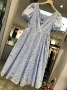 方领泡泡袖格纹连衣裙女夏季设计感盘扣高腰显瘦中长裙0.29