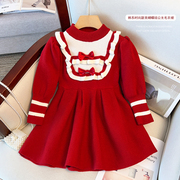 女童毛衣裙(毛衣裙，)秋冬季2023洋气加厚针织，连衣裙儿童时髦红色公主裙