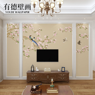 现代新中式玉兰花鸟电视背景墙，壁纸客厅卧室壁画墙纸美式田园墙布
