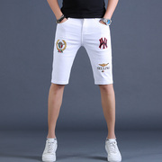 夏季薄款刺绣白色牛仔，短裤男潮牌休闲修身男士，五分裤潮流韩版中裤