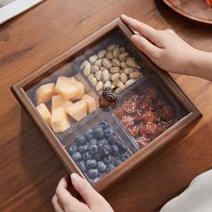 干果收纳盒糖果盒黑胡桃木实木，家用客厅创意分，格带盖零食小吃果盘