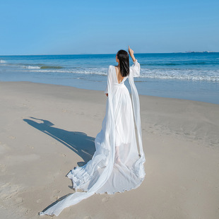 纯白色超仙长袖度假连衣裙拼接高腰雪纺露背海边沙滩裙大摆长裙红