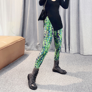 欧美打底裤女外穿时尚个性印花高弹力高腰加厚绿色瑜伽裤欧货长裤