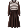 q3连衣裙秋冬女装针织黑白条纹，拼接显瘦圆领长袖气质中长裙