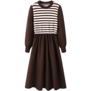 q3连衣裙秋冬女装针织黑白条纹，拼接显瘦圆领，长袖气质中长裙