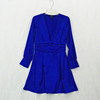 外贸原单女装时尚V领长袖设计感褶皱收腰气质显瘦宝蓝色A字连衣裙